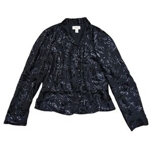 Talbots Jacket Blazer Women Size 14 Black Floral Velvet Burnout Peplum Evening